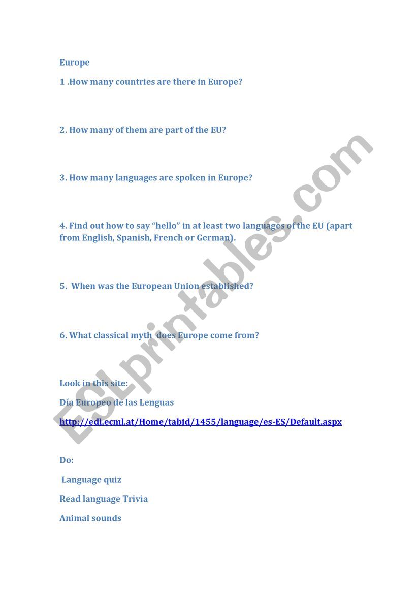 Europe quiz  worksheet