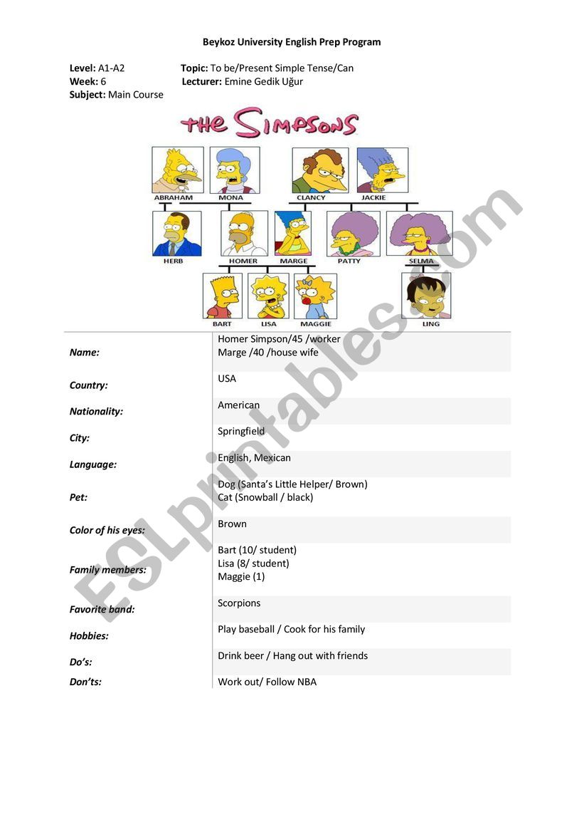 The Simpsons Chart worksheet