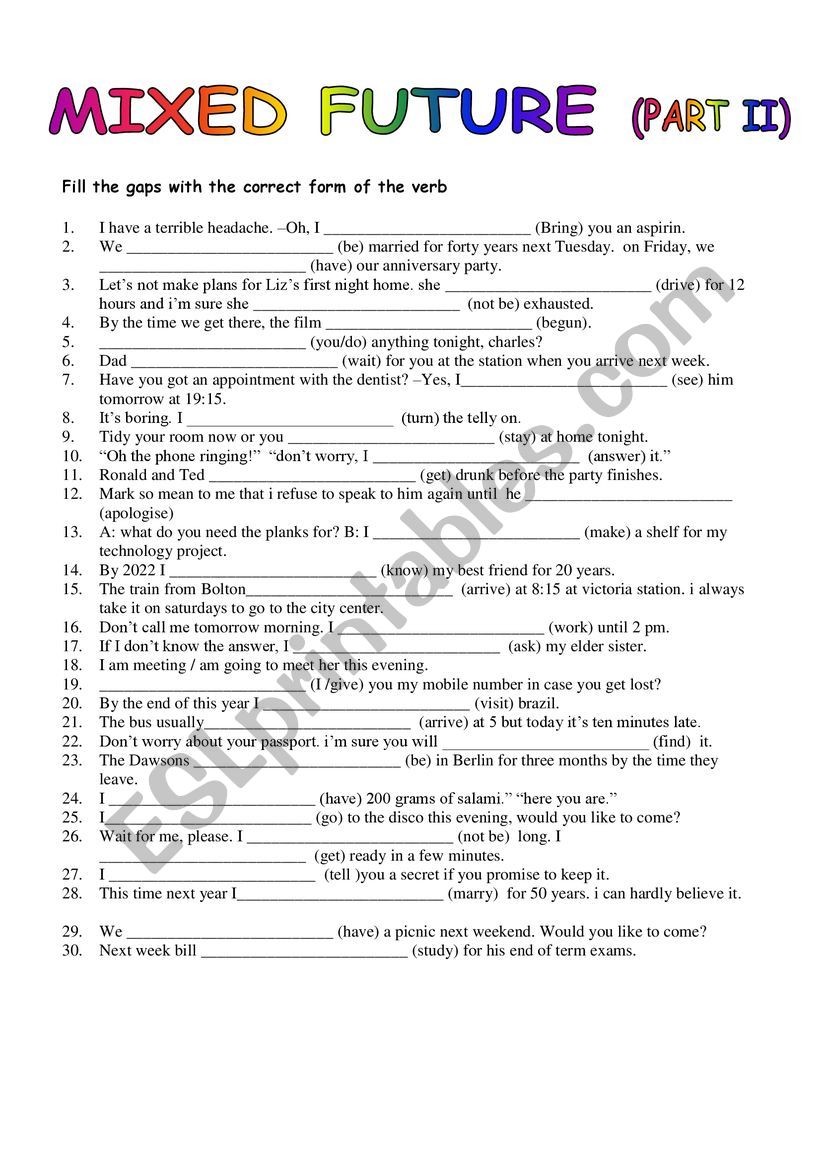 MIXED FUTURE TENSE II worksheet