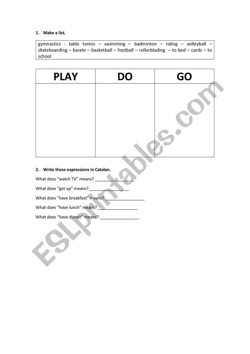 Play, do, go worksheet