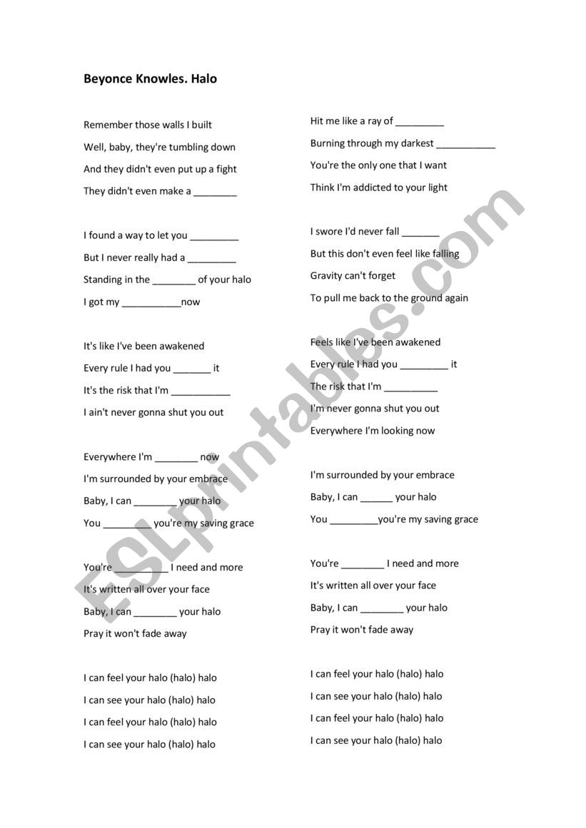 Halo by Beyonce knowles worksheet