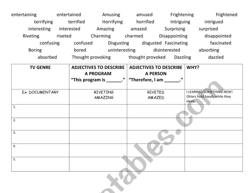 Work with TV genre and Adjective to describe 