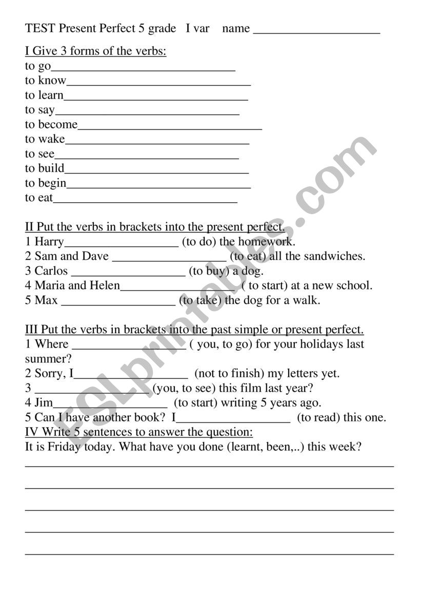 Present perfect test worksheet