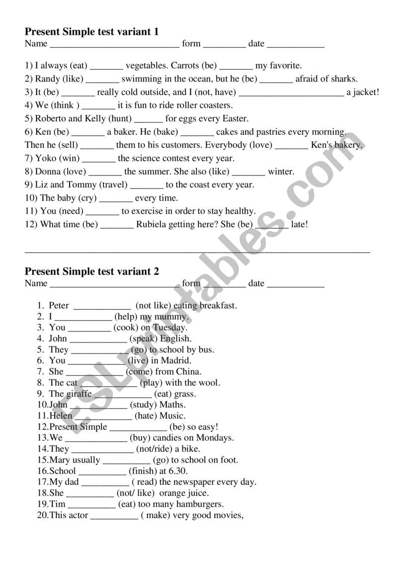 Present simple test worksheet