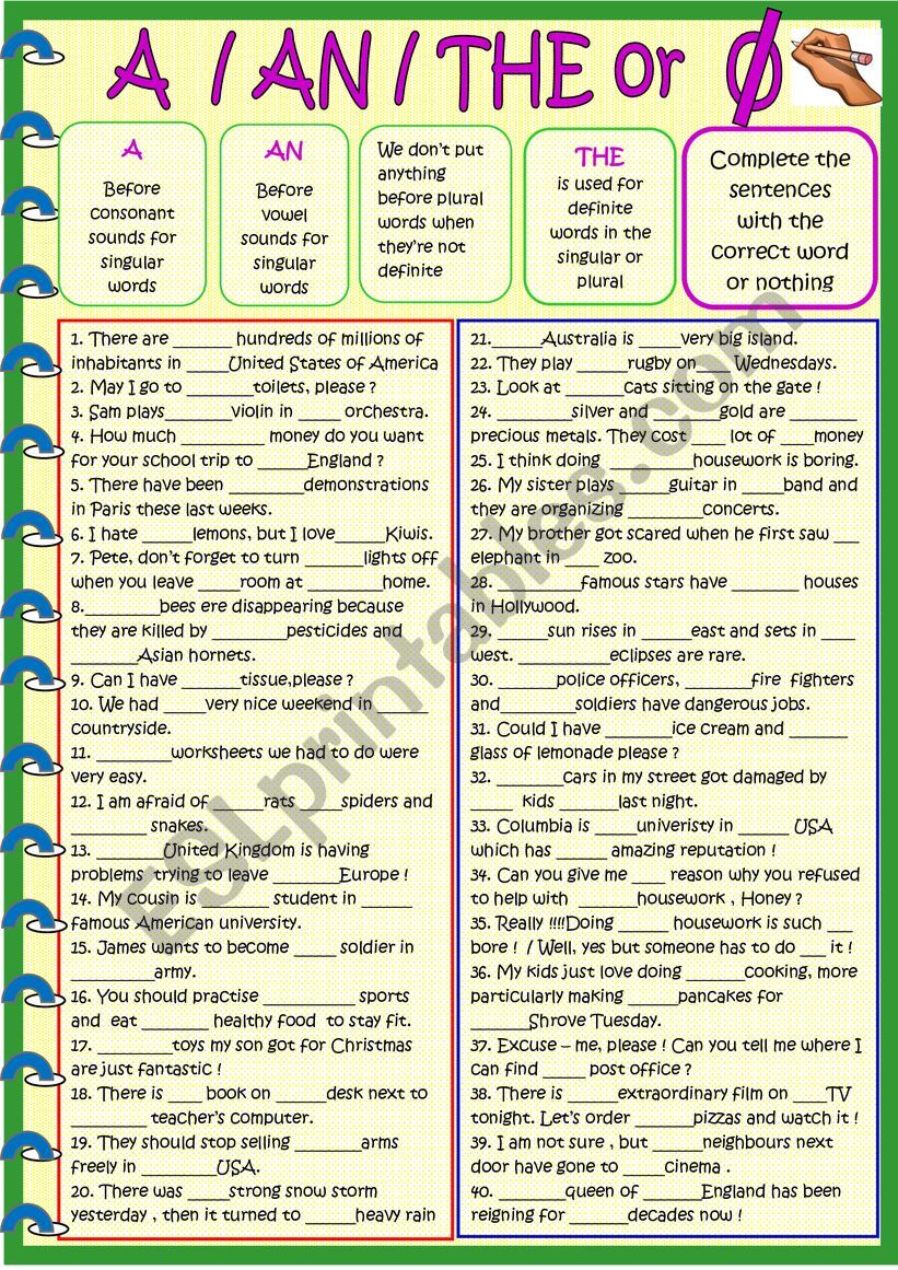 A , an The or nothing worksheet