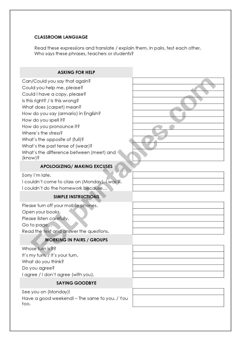 Classroom language worksheet