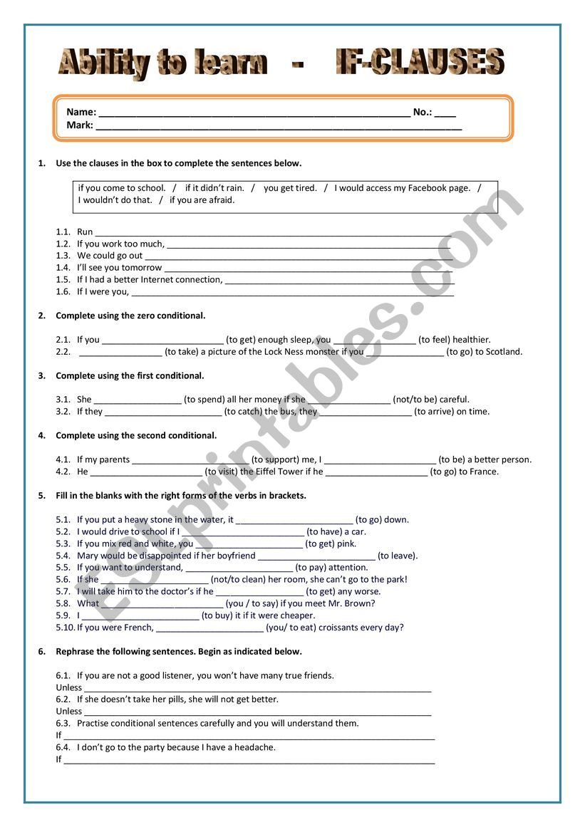 If-clauses test worksheet