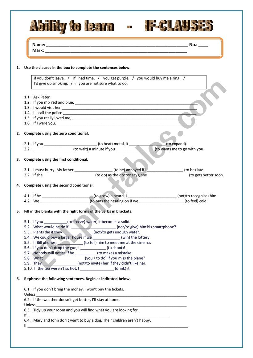 If-clauses test 2 worksheet
