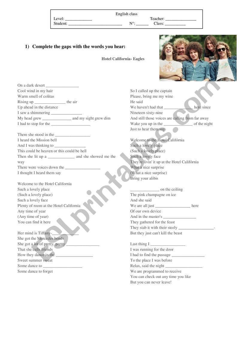 Hotel California worksheet