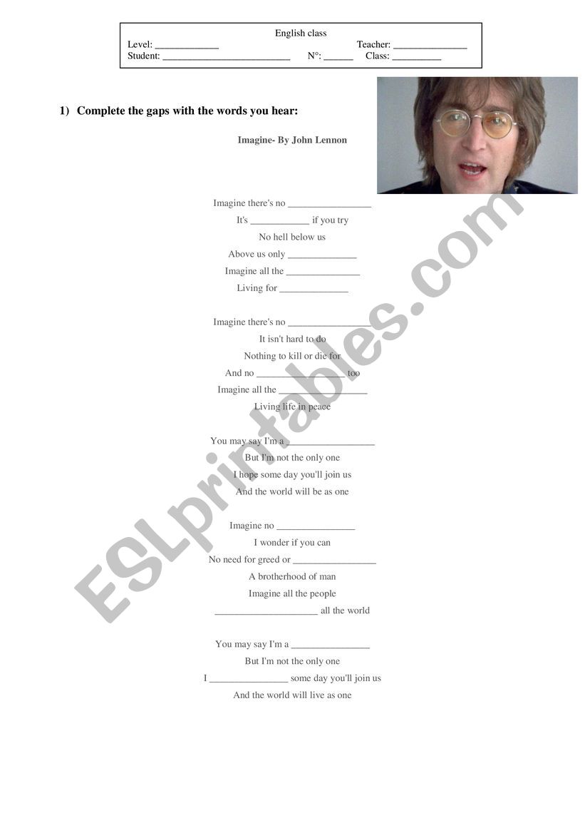 Imagine- By John Lennon worksheet