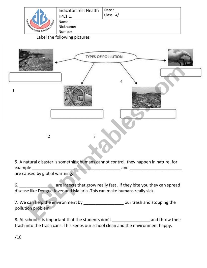 Pollution test worksheet