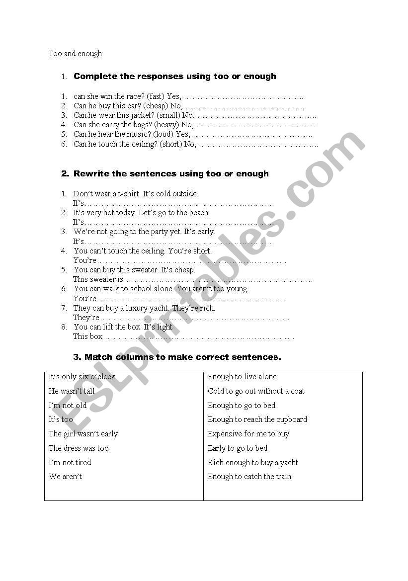 too &enough worksheet