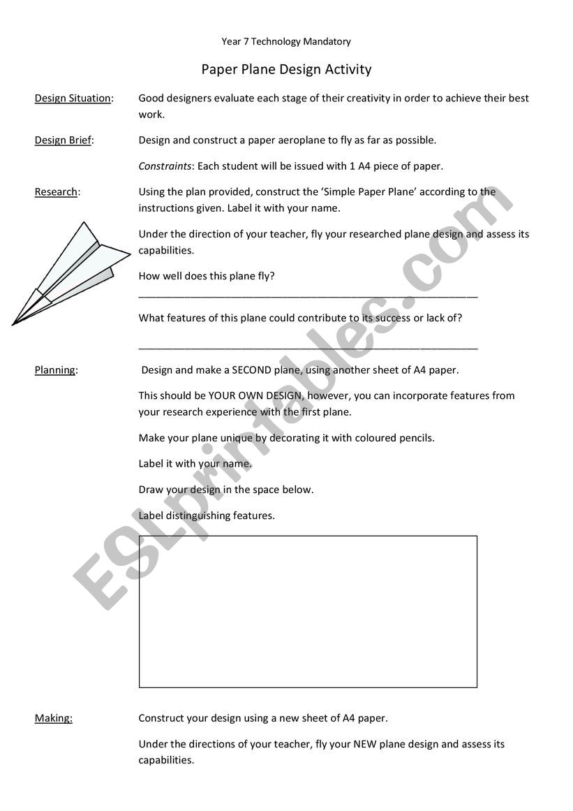 Paper Plane Design Activity worksheet