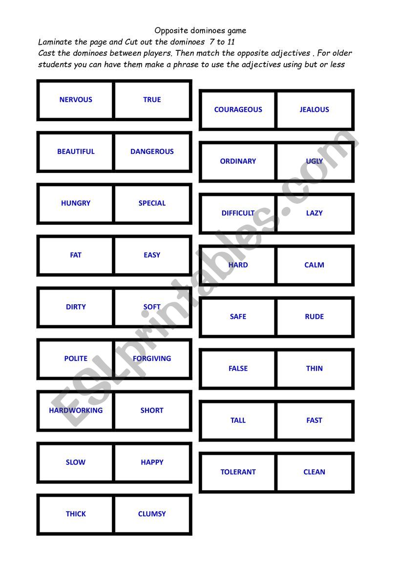 opposite adjectives dominoes worksheet