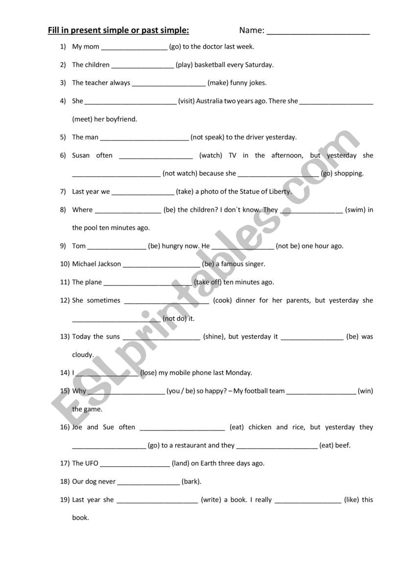 present simple or past simple worksheet