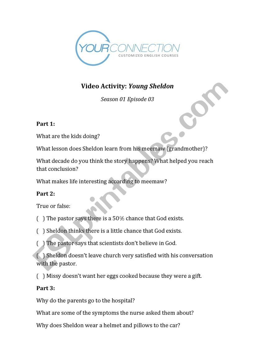 Young Sheldon S01e03 worksheet