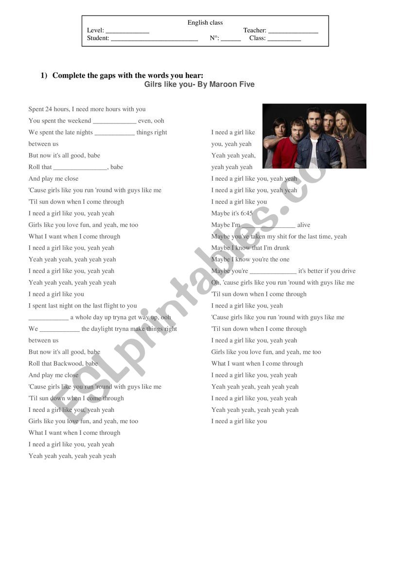 Girls like you- By Maroon 5 worksheet