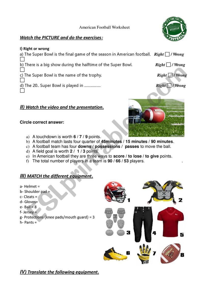 U.S football / Super Bowl worksheet (elementary)