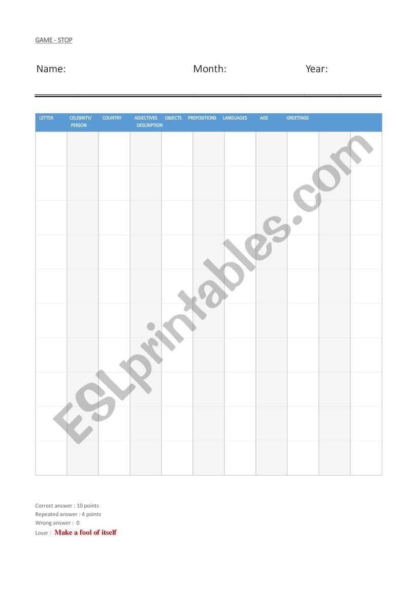 Stop worksheet