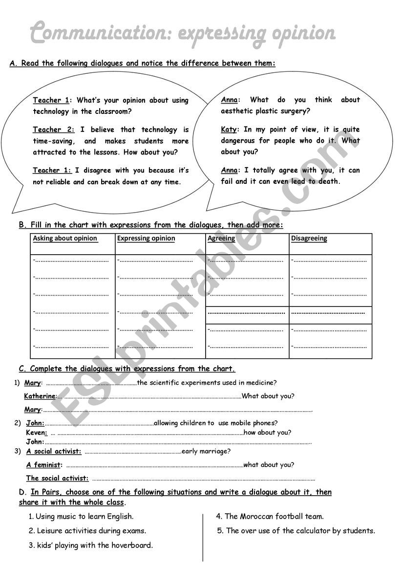 Expressing opinion worksheet