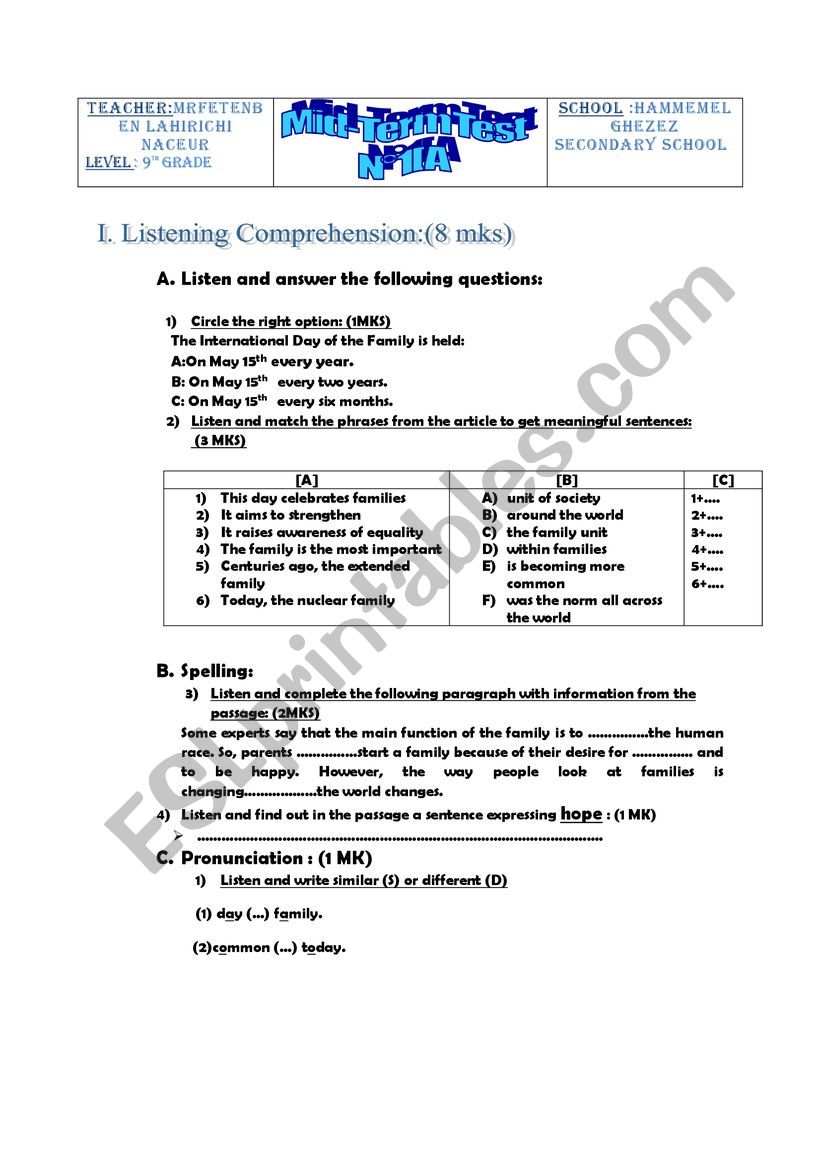 mid term test1 9th grade worksheet