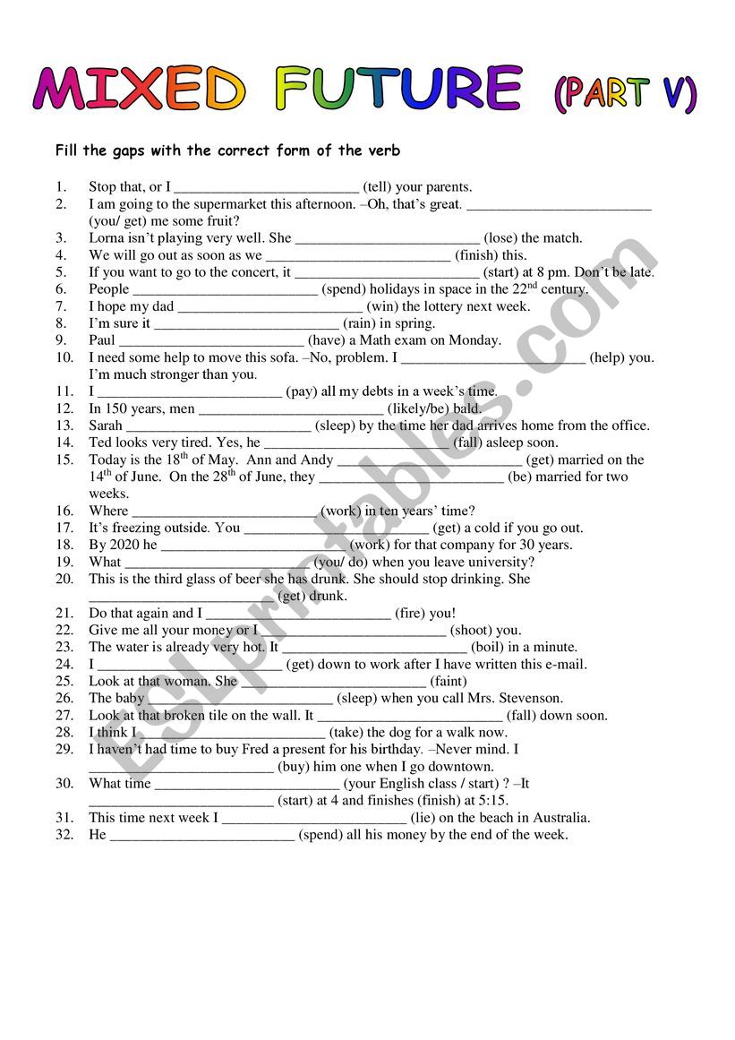 Exercises Future Tenses Worksheets