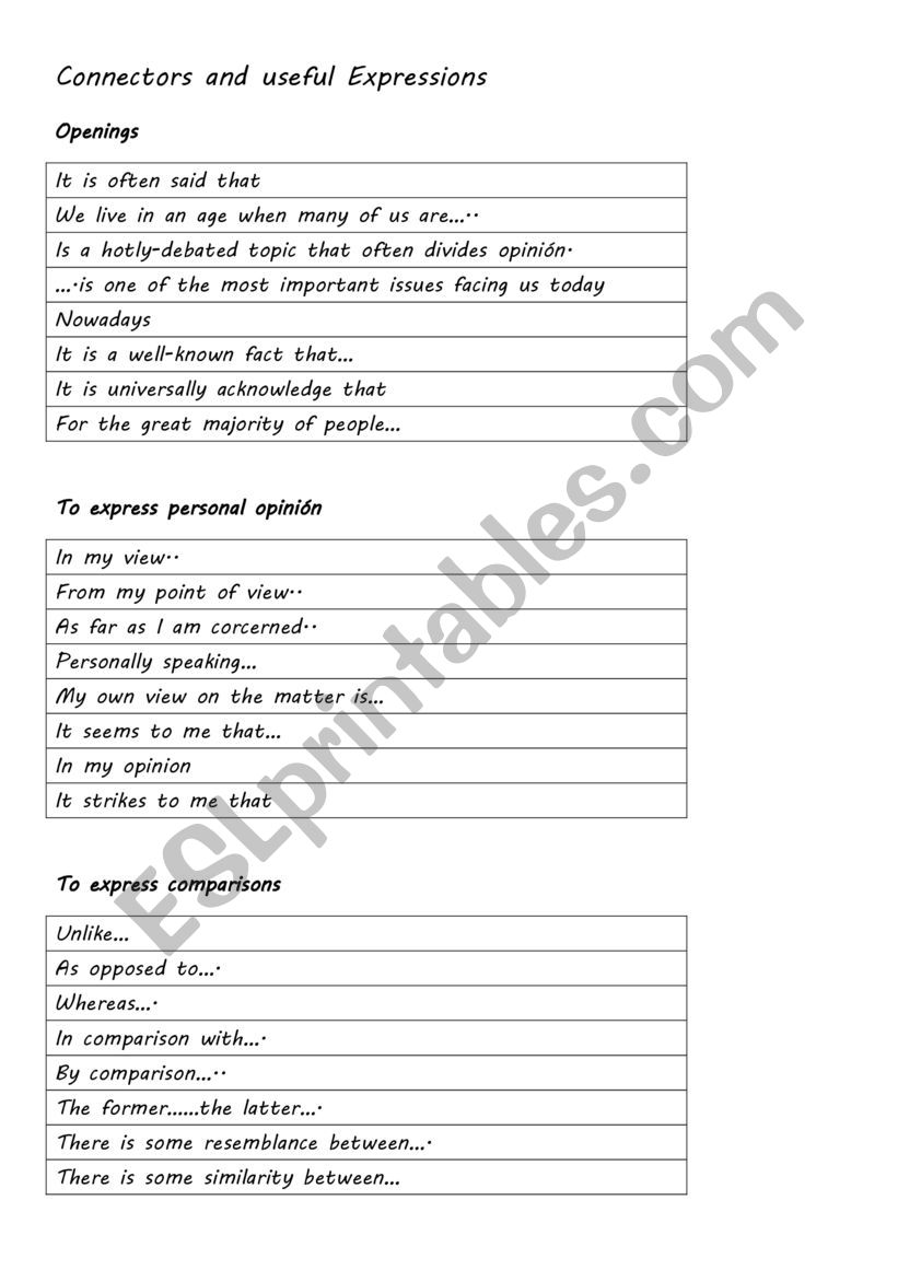 Connectors and useful expressions