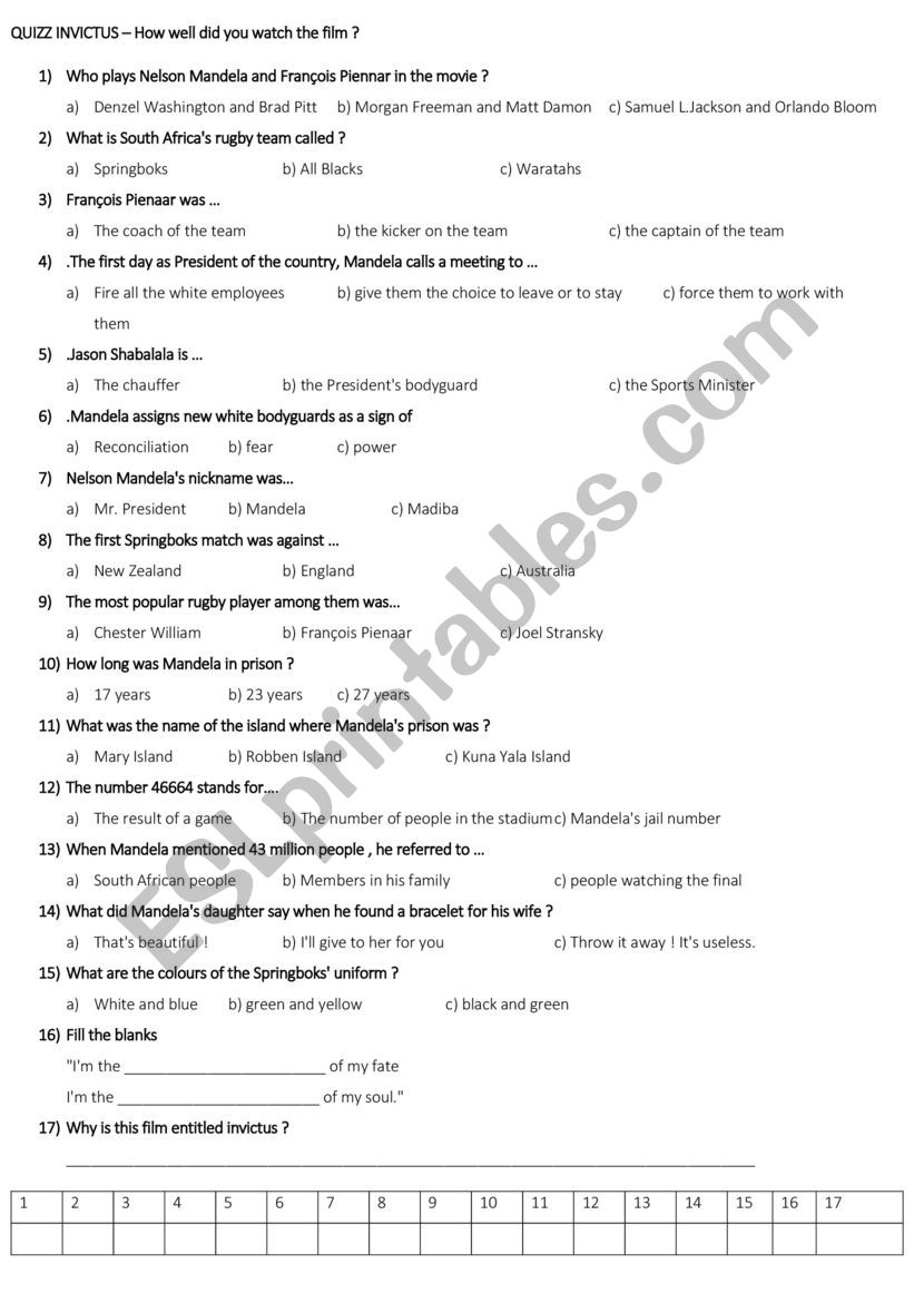 a quizz on the film invictus worksheet