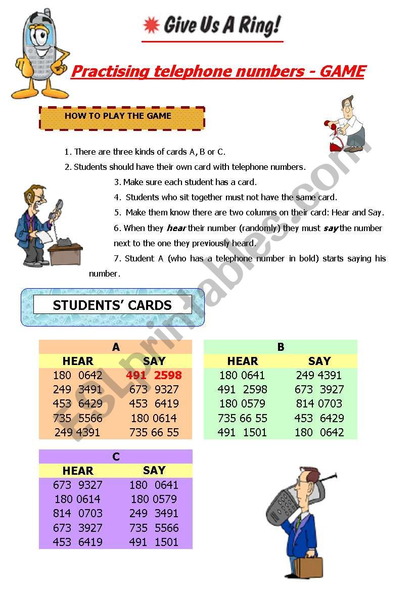 Telephone numbers game worksheet