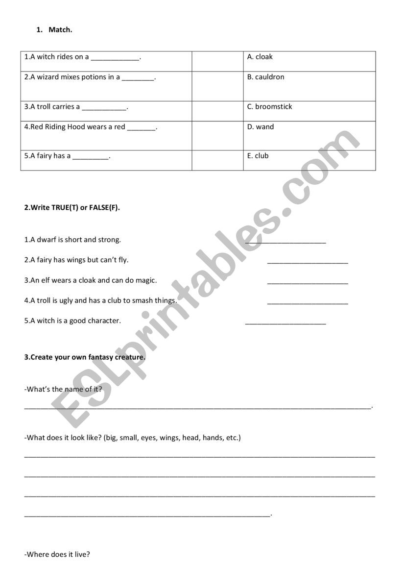 fantasy creatures worksheet