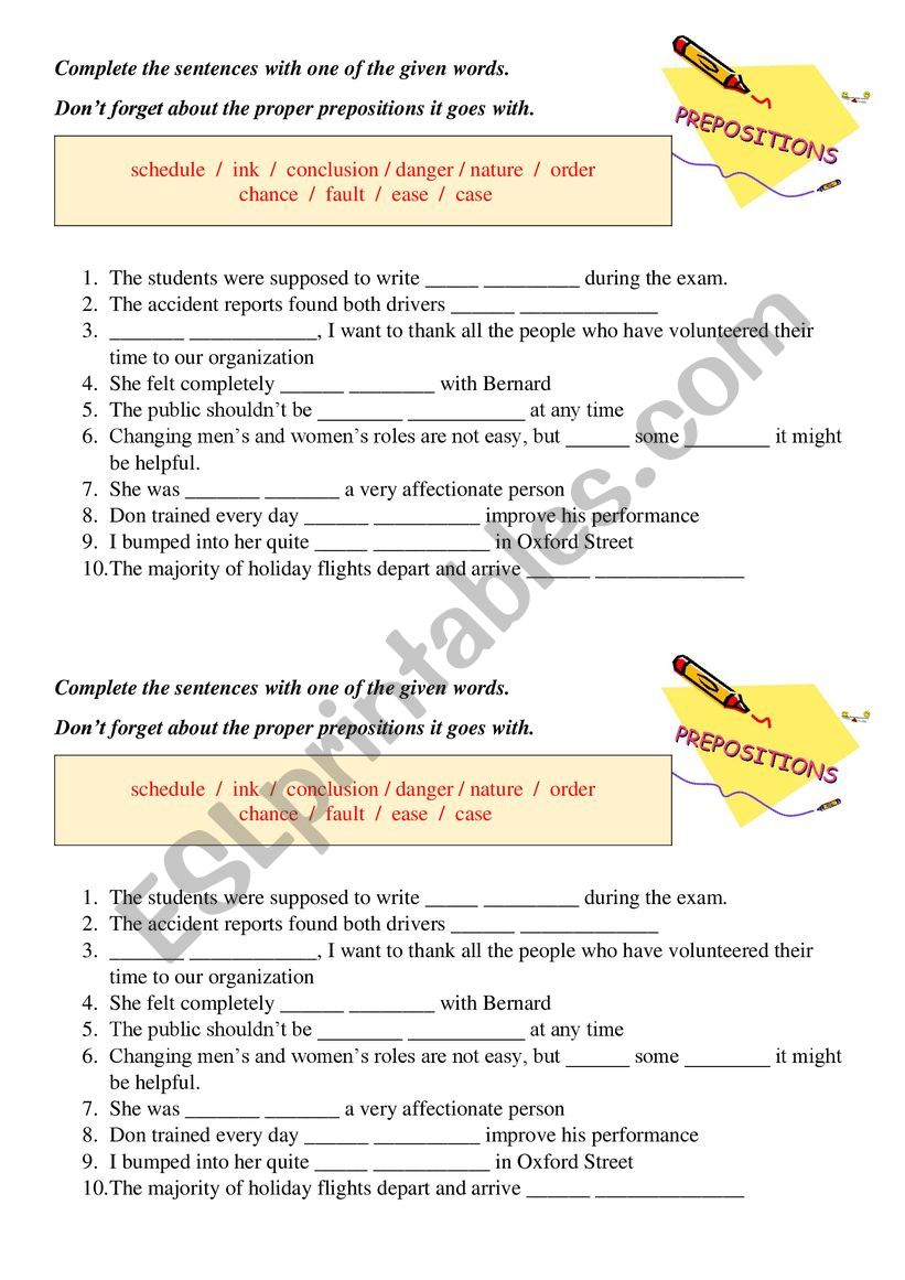 Preposition + noun (fill-in the gaps exercise)