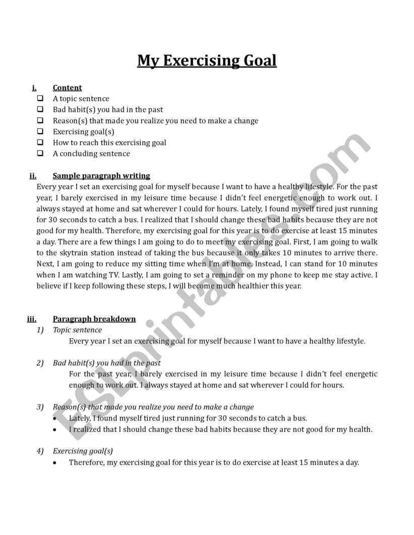 My Exercising Goal worksheet