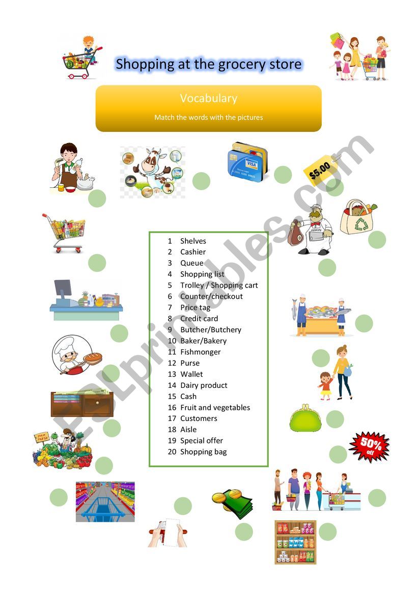 Shopping at the grocery vocabulary matching with keys