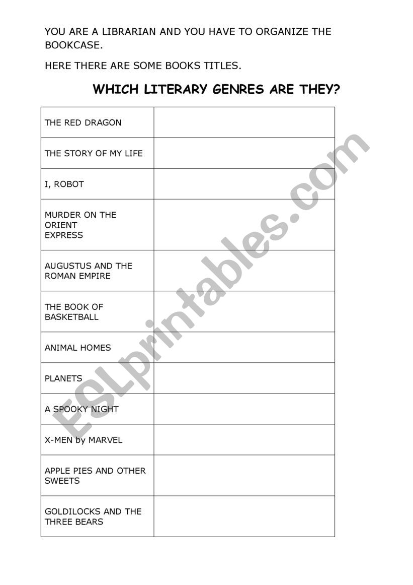 Activity about literary genre worksheet