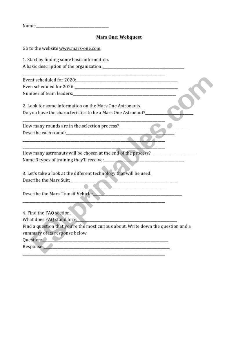 Mars One - Webquest worksheet