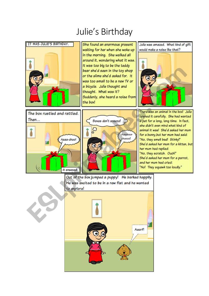 Julies Birthday (New Puppy) Story Comic Strip Writing Exercise