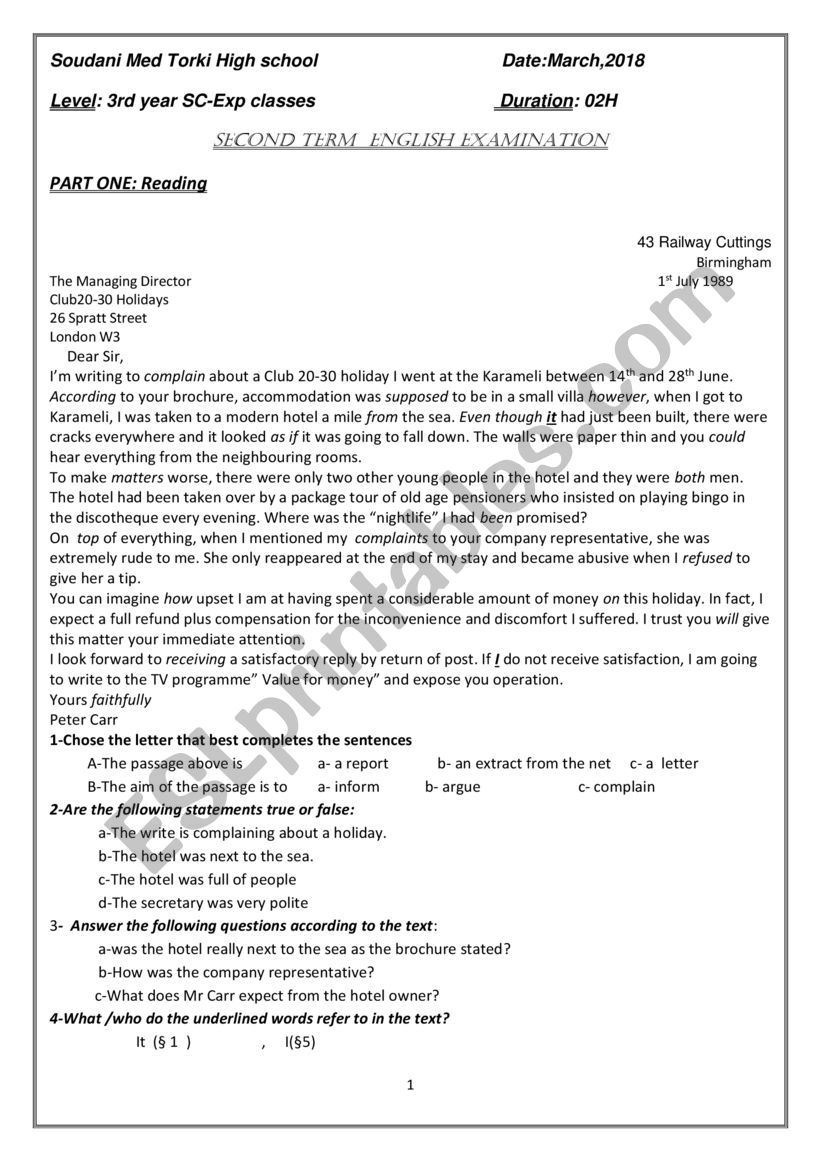 a letter of complaint worksheet