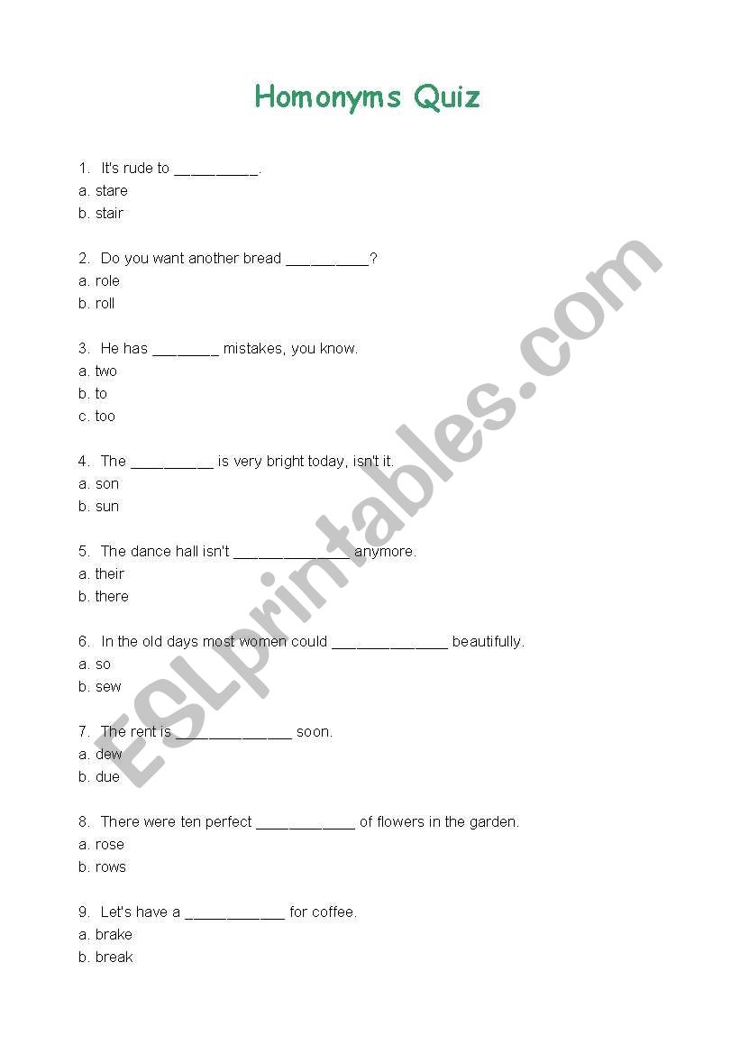 Homonyms worksheet