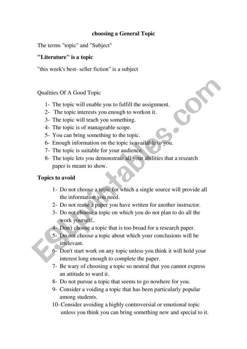 how to choose a general topic worksheet