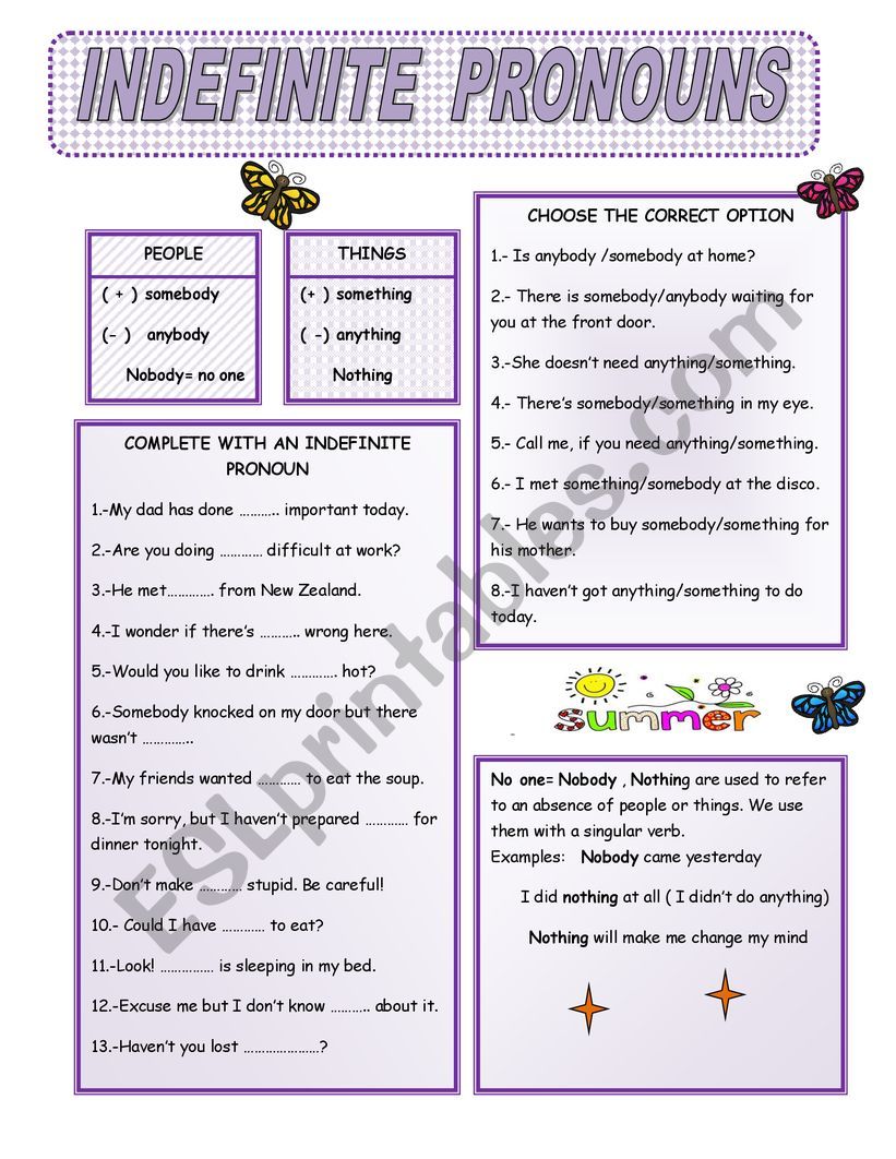 INDEFINITE PRONOUNS worksheet