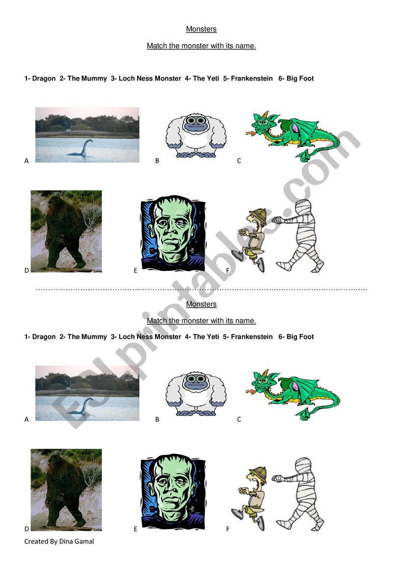 Monster Matching worksheet