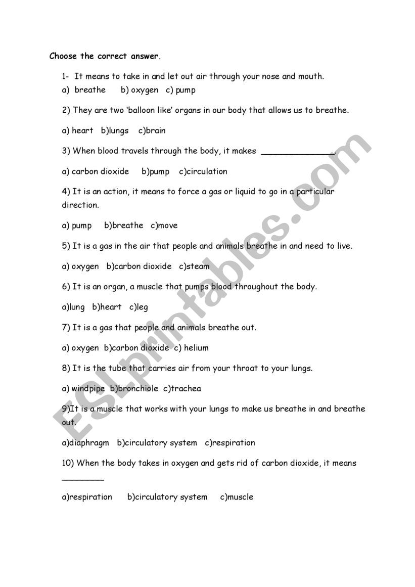 organs worksheet