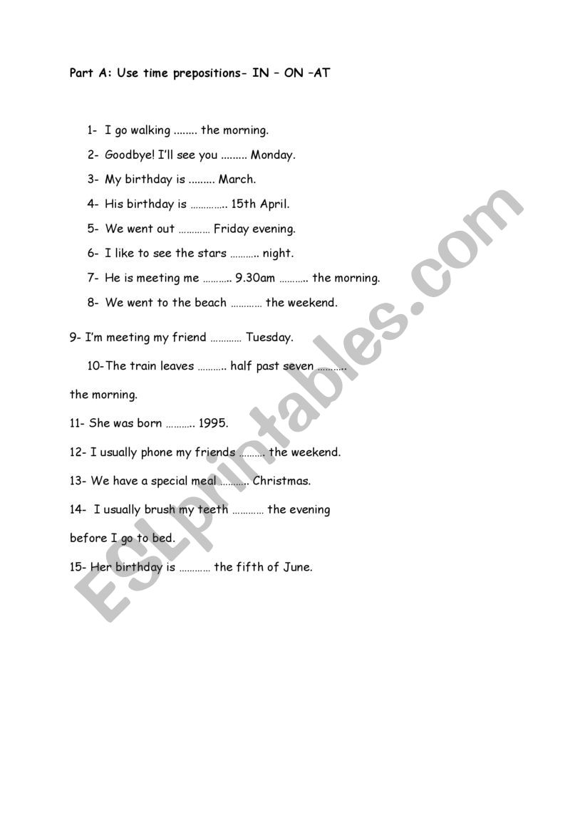 sample exam about time prepositions, vocabulary, present simple