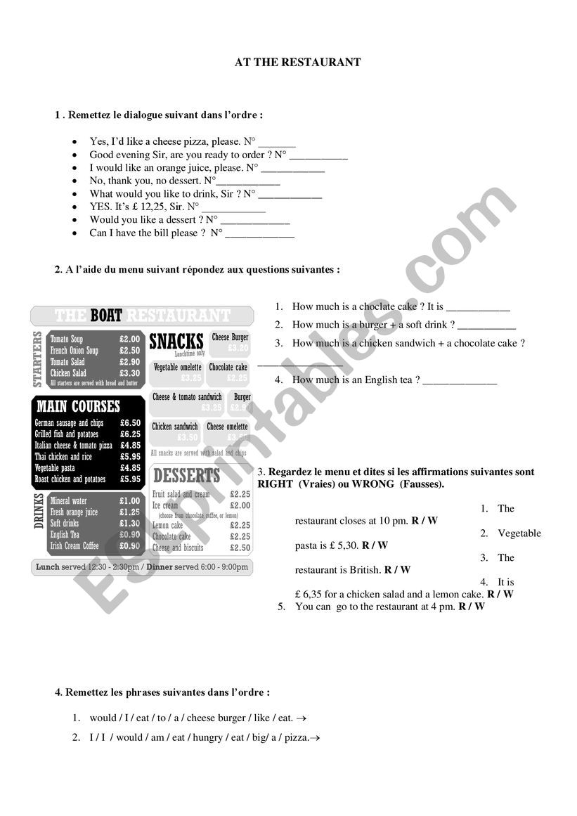 At the restaurant worksheet At the restaurant worksheet