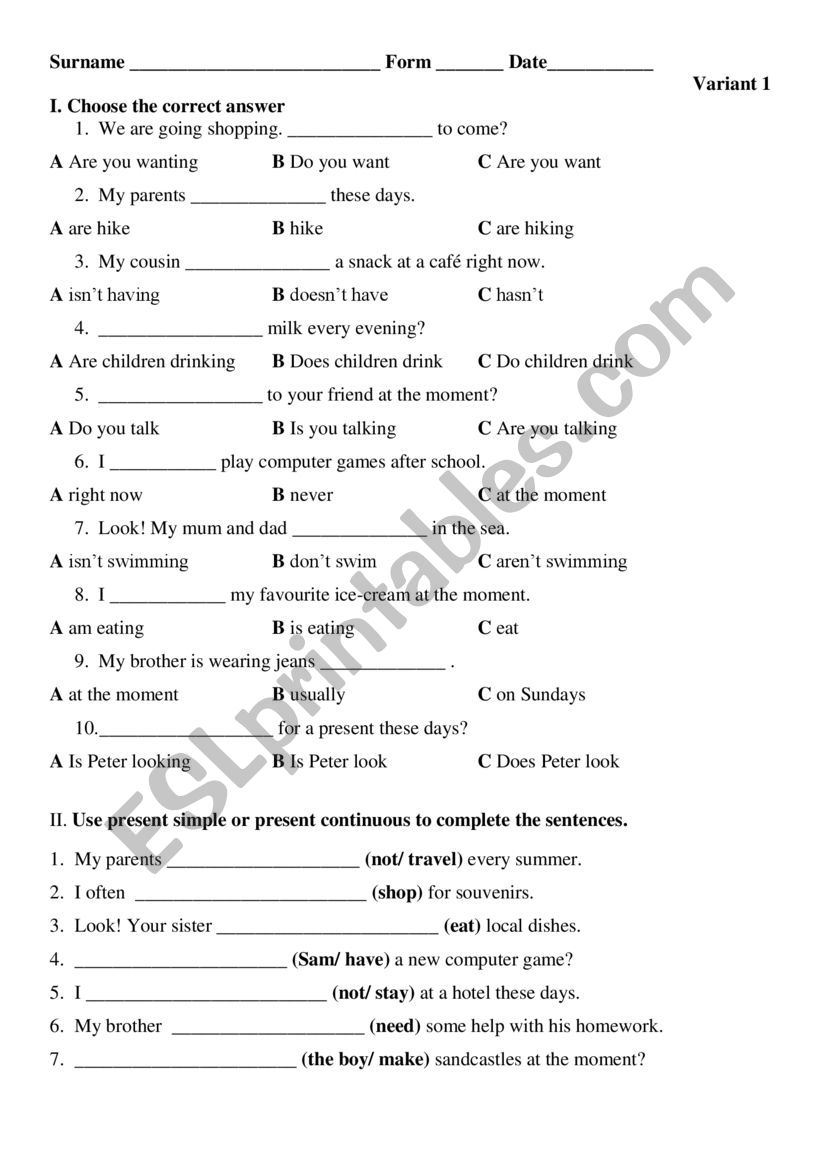 Present simple  Present continuous test