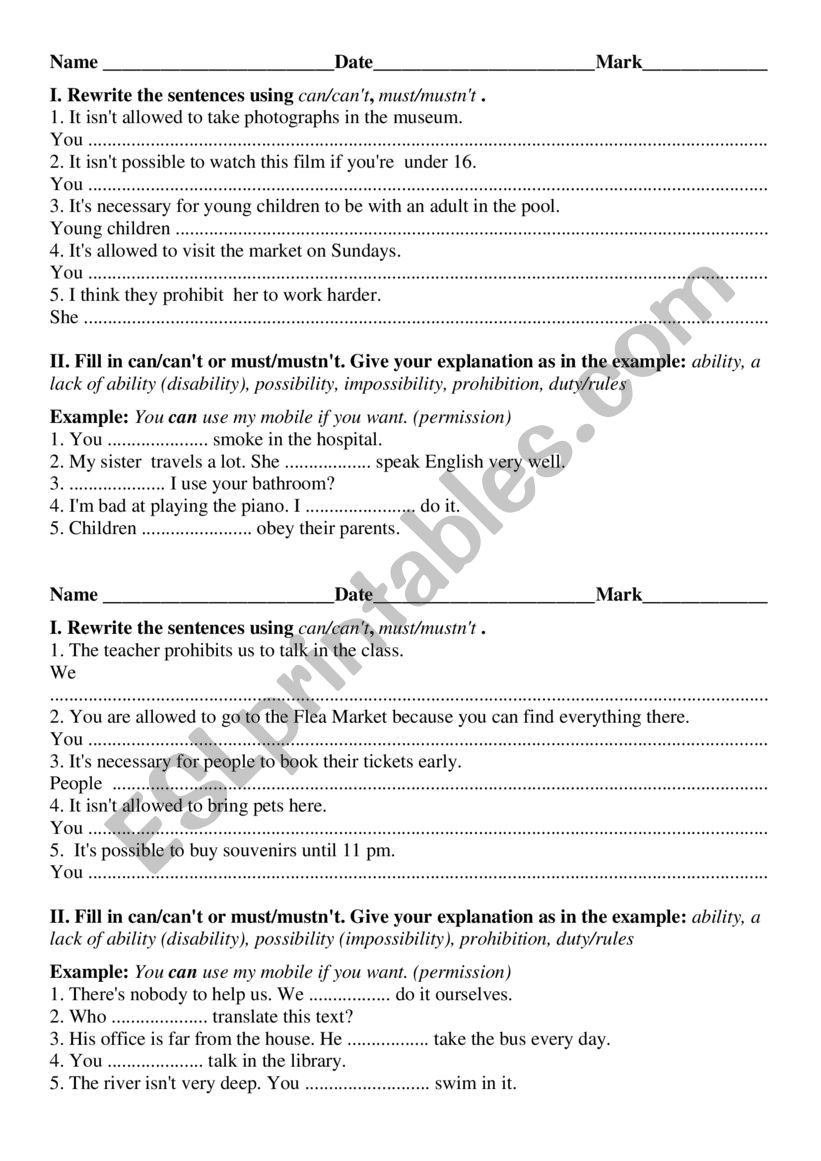 can/cant, must/mustnt  test worksheet