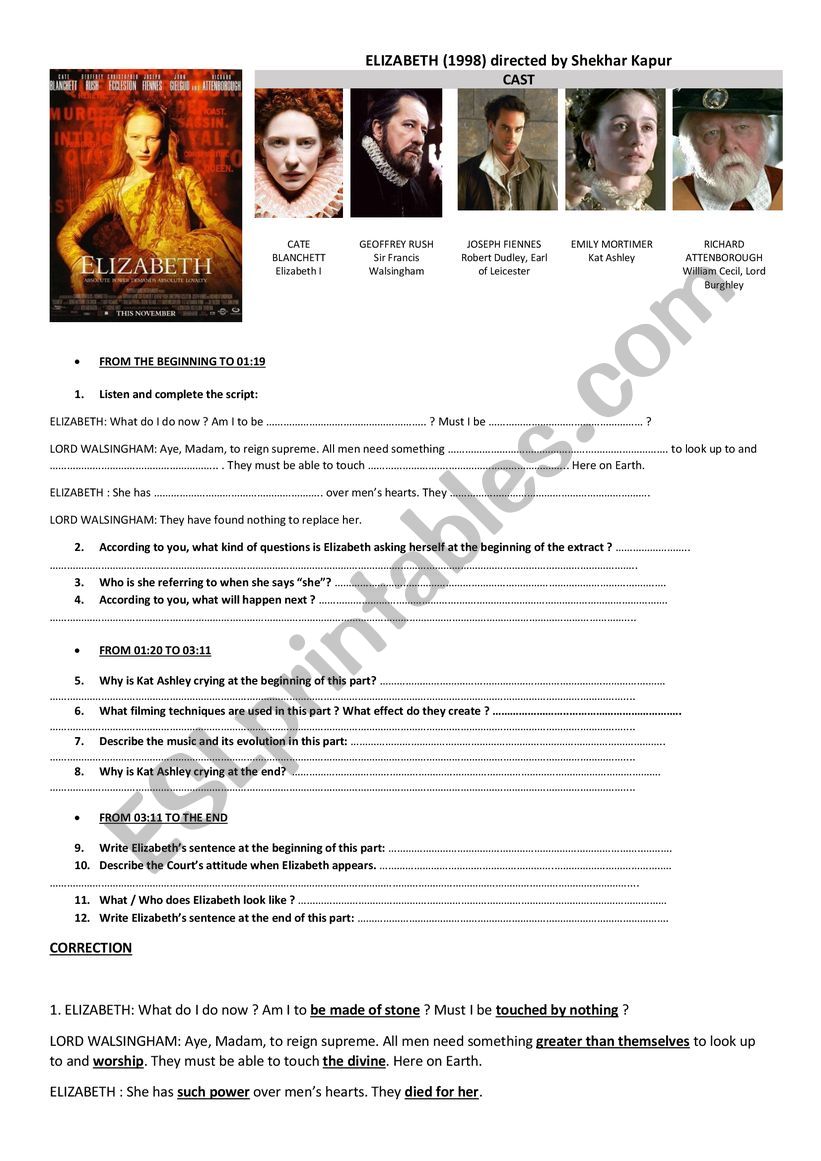 ELIZABETH film ending scene worksheet