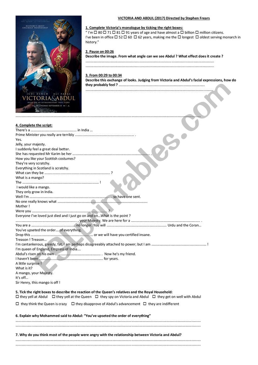 VICTORIA AND ABDUL TRAILER worksheet