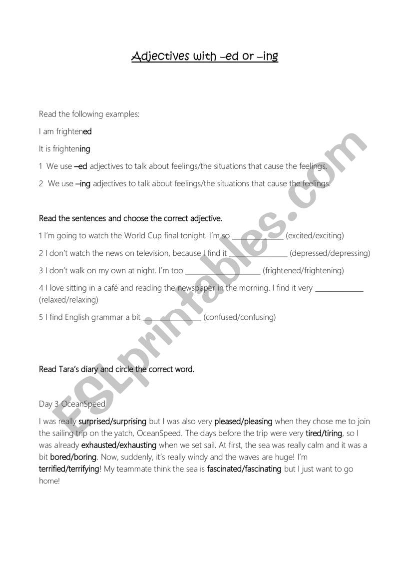 adjectives with ed and ing worksheet