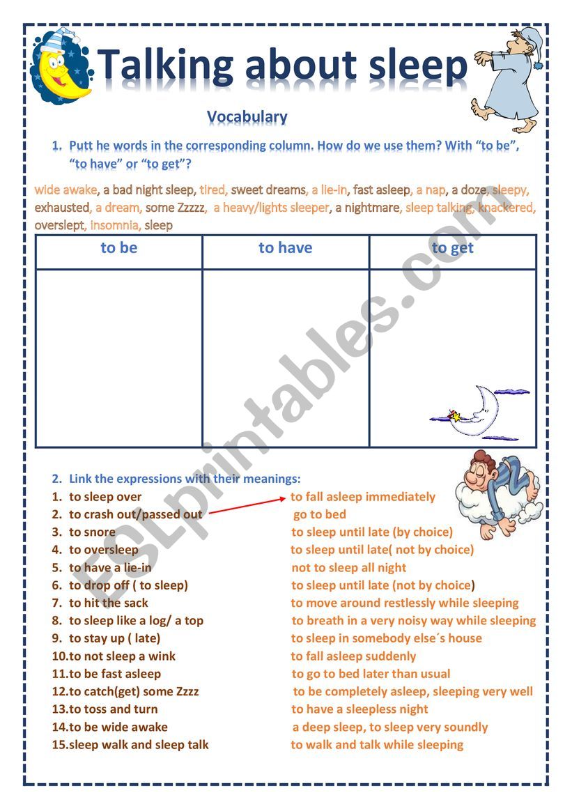 Sleeping vocabulary worksheet